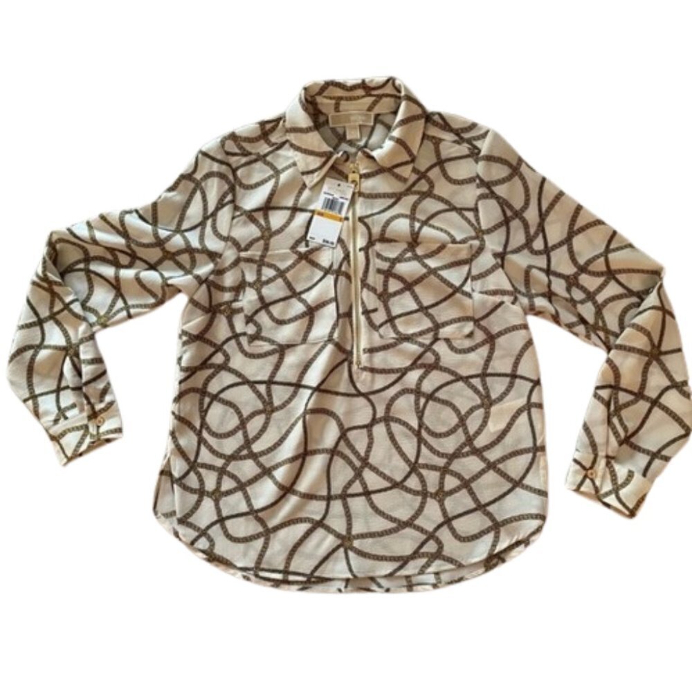 NWT Michael Kors 1/2 zip Long Sleeve Blouse Gold Chains roll-tab sleeves Size S
